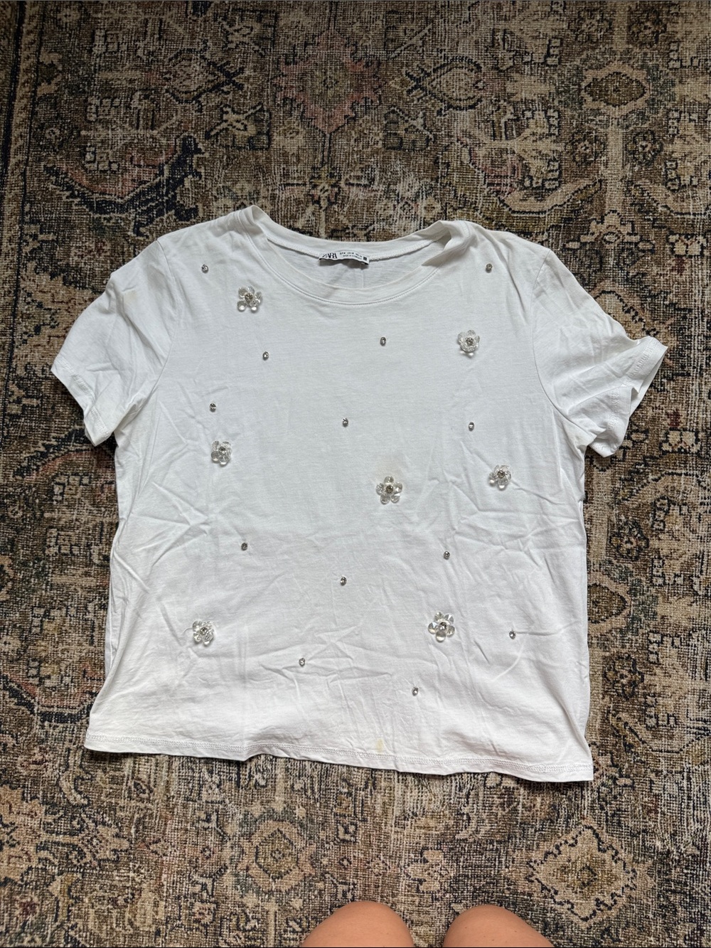 Zara White Short-Sleeve Embellished Tee